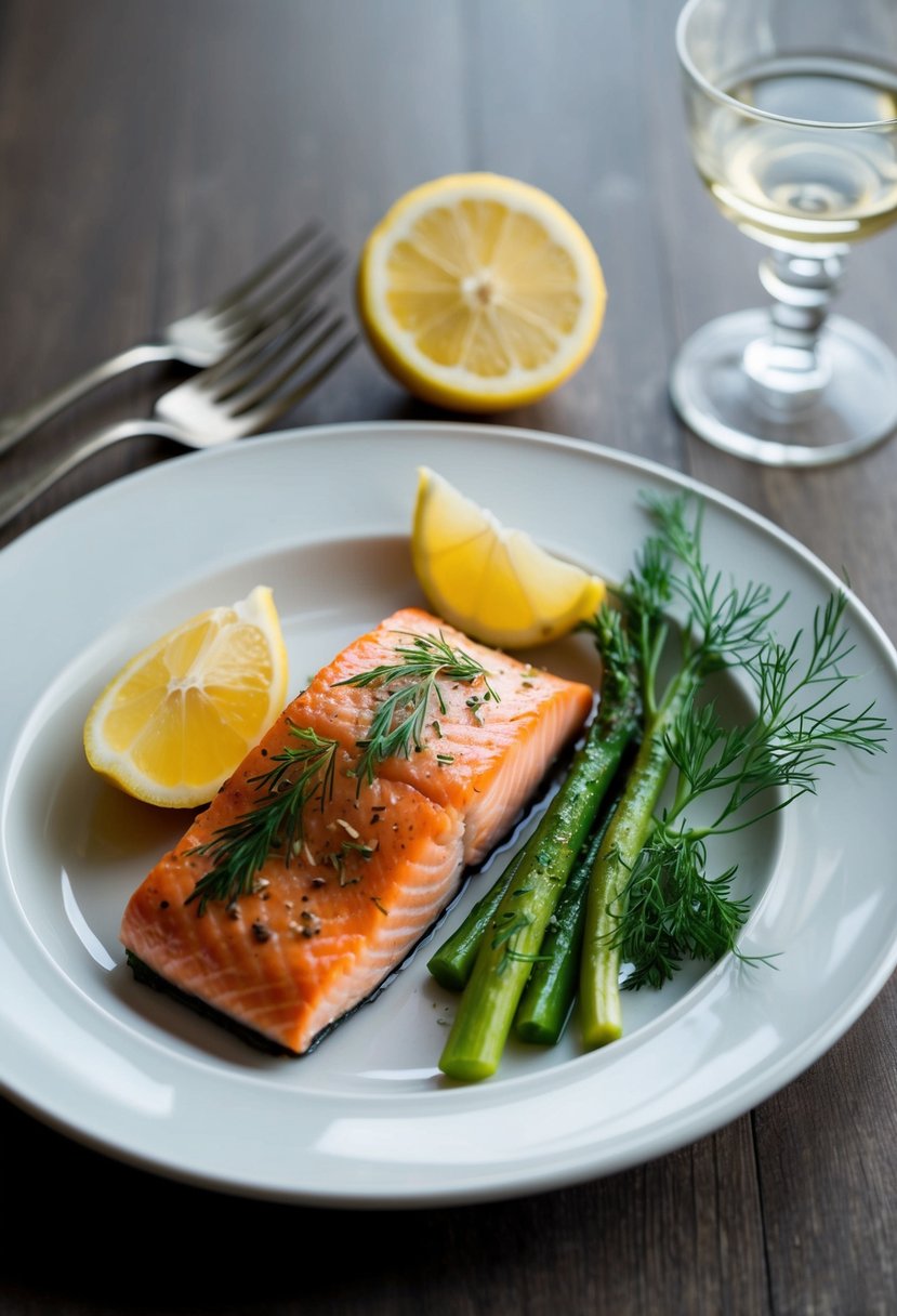 A plate of baked salmon with dill, accompanied by a side of steamed vegetables and a slice of lemon, arranged on a simple, white, porcelain dish