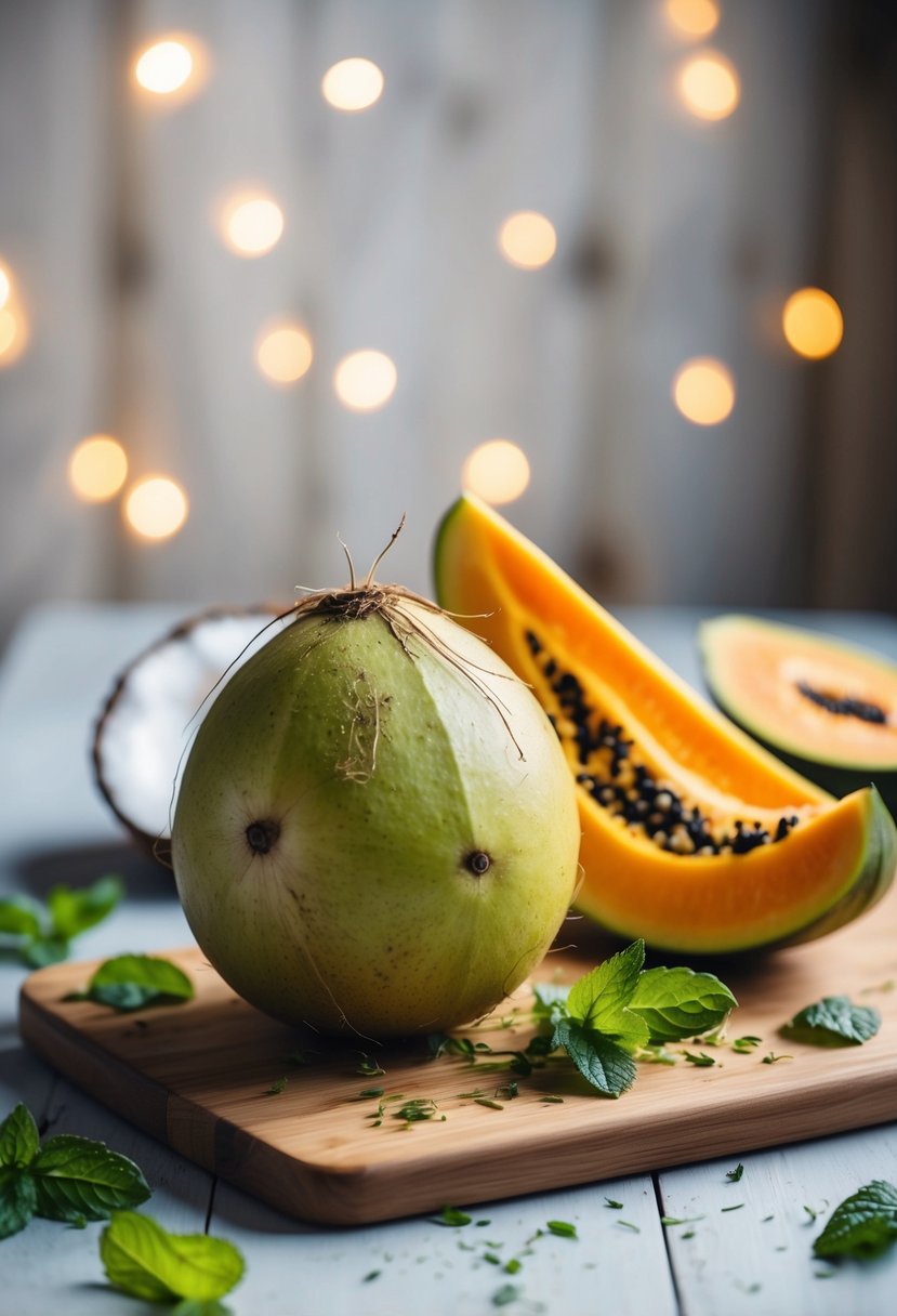 A ripe coconut and papaya sitting on a wooden cutting board, surrounded by a scattering of fresh mint leaves