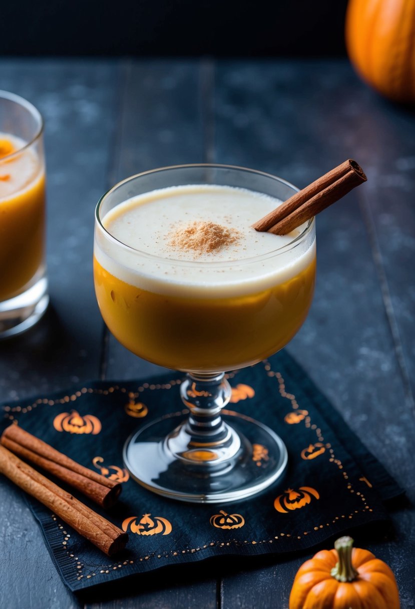 A glass filled with Pumpkin Spice White Russian cocktail, garnished with a cinnamon stick and a sprinkle of nutmeg, sits on a dark, spooky-themed cocktail napkin