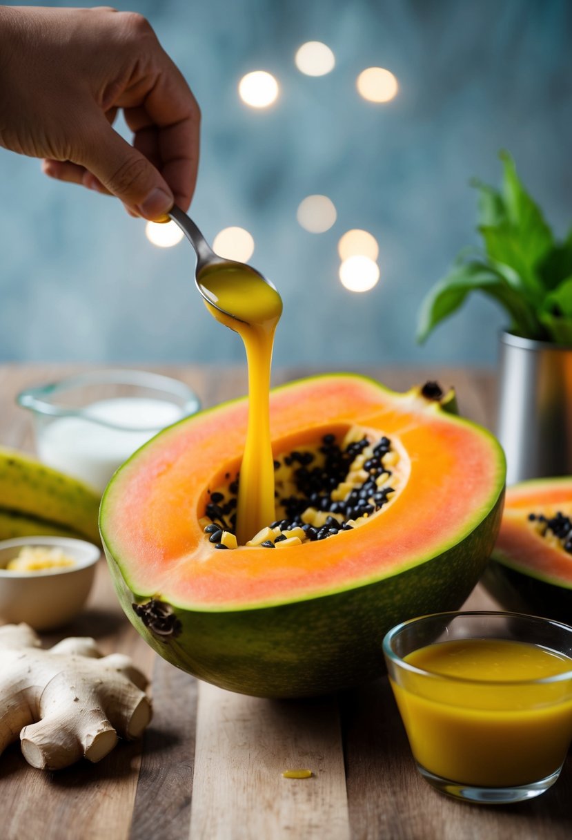 A ripe papaya being sliced open, with fresh ginger and other ingredients arranged nearby for juicing