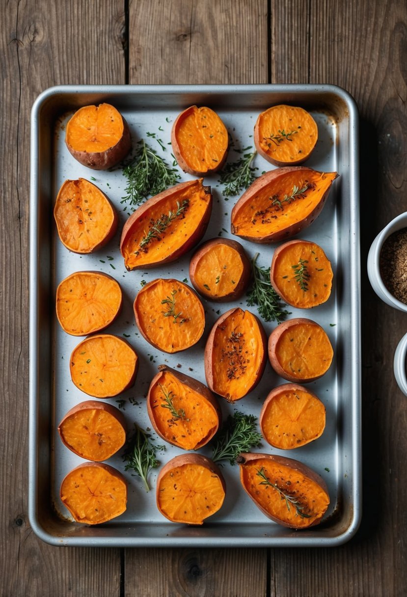 A baking sheet with roasted sweet potatoes, accompanied by herbs and spices, sits on a rustic wooden table