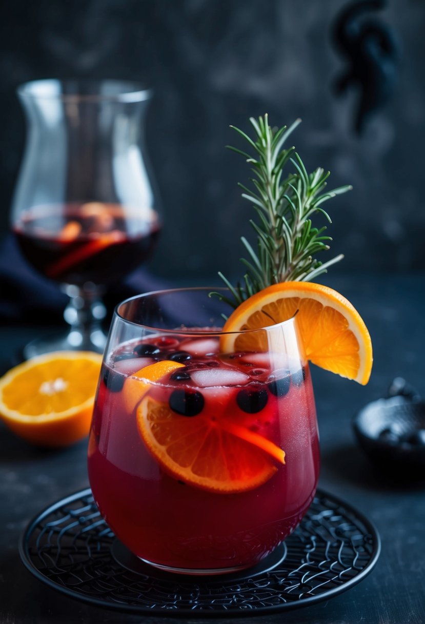 A spooky cocktail glass filled with red Bloody Mary Sangria, garnished with a slice of orange and a sprig of rosemary, sitting on a dark, eerie table