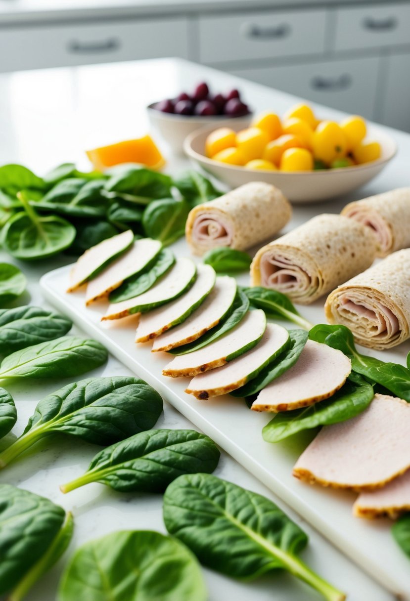 A colorful array of fresh spinach leaves, slices of turkey, and whole grain wraps laid out on a clean, white countertop