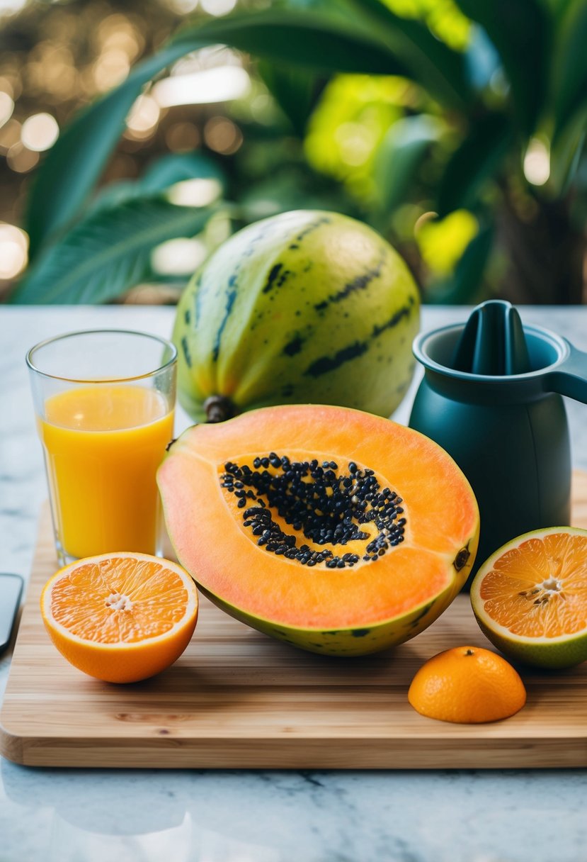 A tropical papaya and citrus fruit arranged on a cutting board, with a juicer and glass nearby