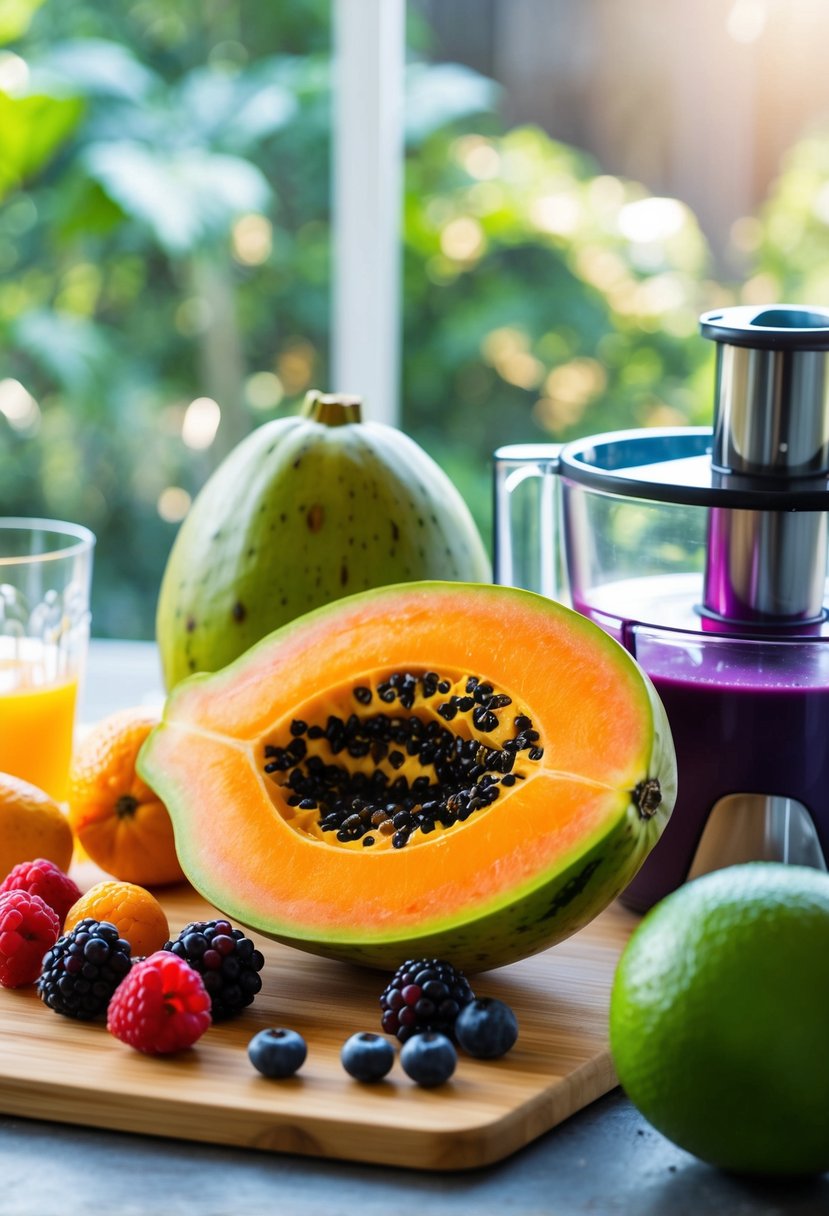 A ripe papaya and assorted berries arranged on a cutting board, with a juicer and glass nearby