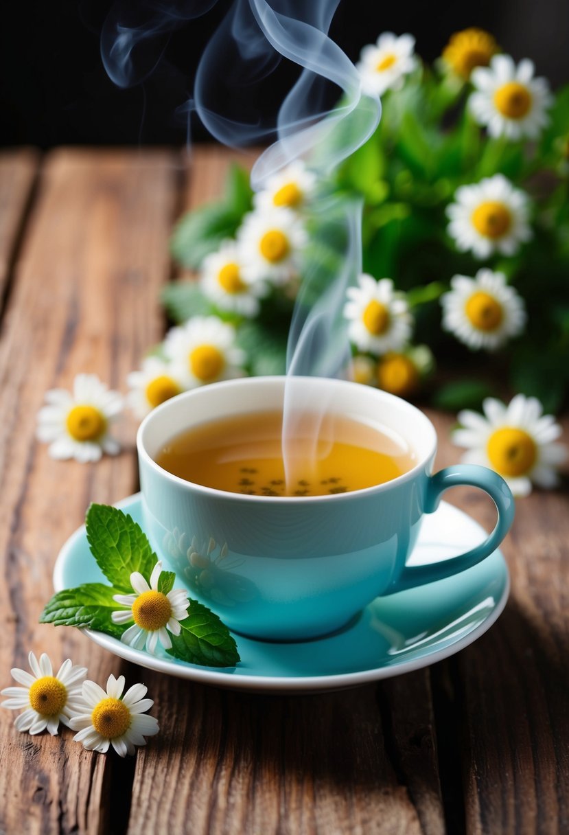 A steaming cup of chamomile tea surrounded by fresh chamomile flowers and a sprig of mint on a wooden table