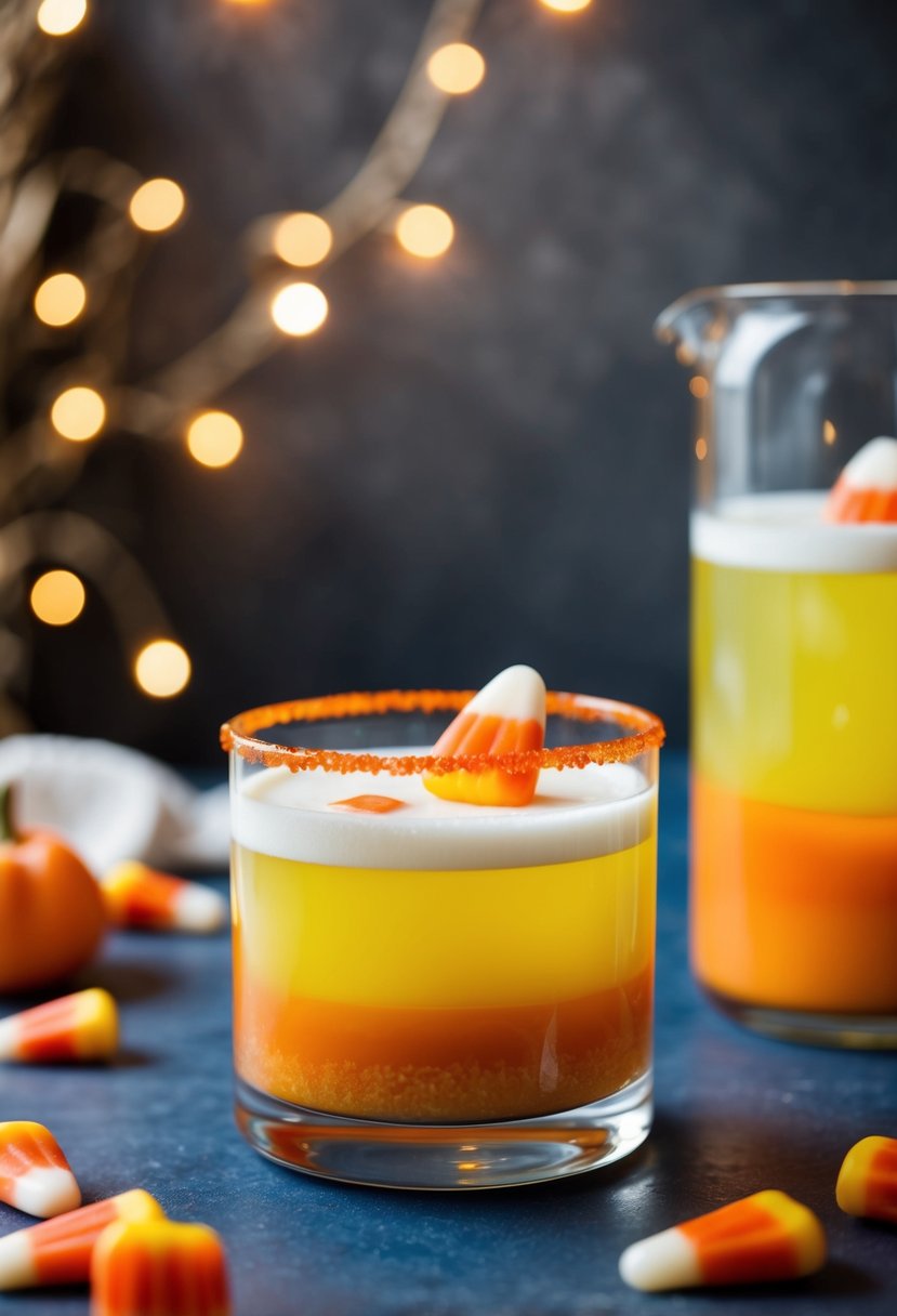 A glass filled with layers of orange, yellow, and white liquid, garnished with a candy corn on the rim