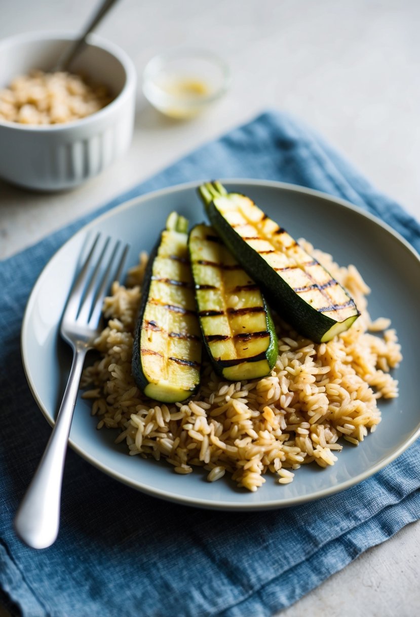 A plate of brown rice topped with grilled zucchini, with a fork beside it