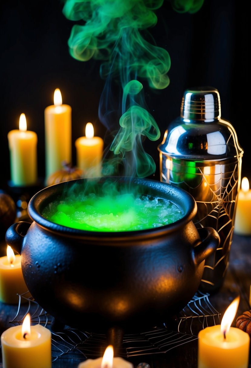 A bubbling cauldron emits eerie green smoke, surrounded by flickering candles and a spiderweb-covered cocktail shaker