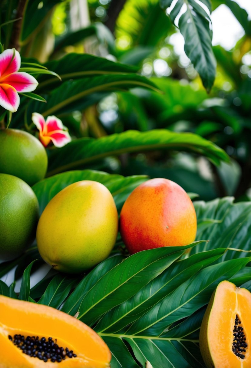 A vibrant tropical scene with ripe mangoes and papayas, surrounded by lush green foliage and exotic flowers