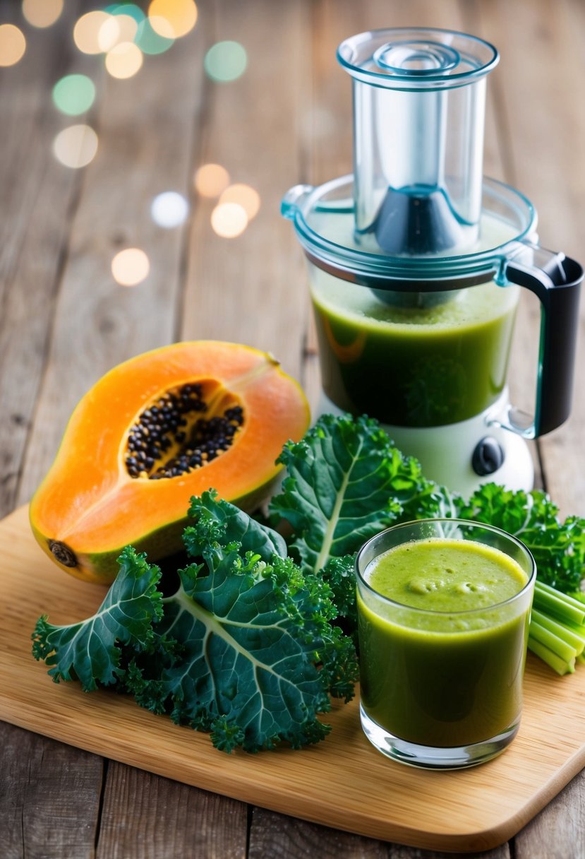 A ripe papaya and fresh kale leaves sit on a wooden cutting board next to a juicer and a glass of green juice