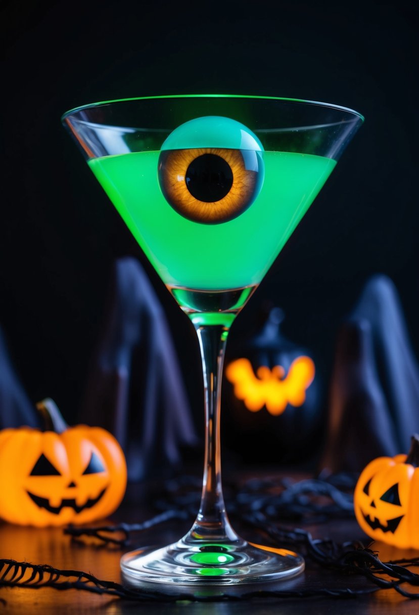 A glowing green martini glass with a large, eerie eyeball floating inside, surrounded by spooky Halloween decorations