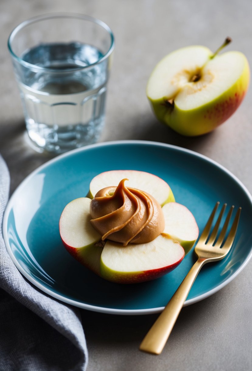 A sliced apple with a dollop of peanut butter on a plate, accompanied by a glass of water and a napkin