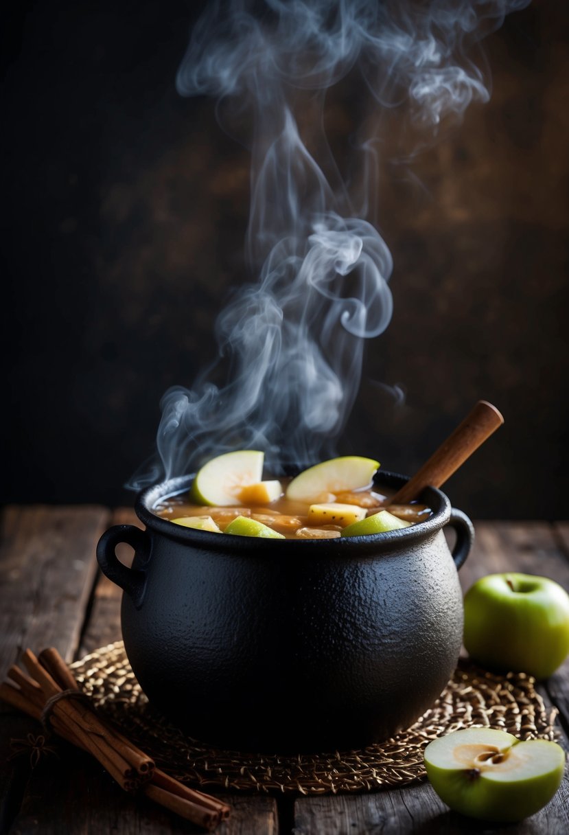 A bubbling cauldron of apple cider mule with eerie mist rising