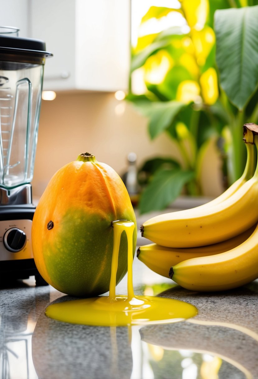 A ripe papaya and a bunch of bananas sit on a kitchen counter next to a blender. Juice spills over the edge of a glass