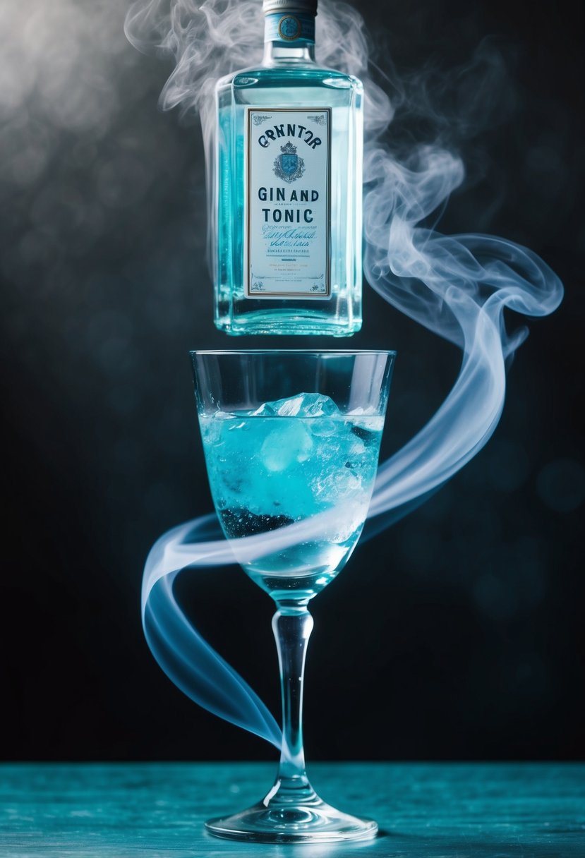 A translucent gin and tonic hovers eerily above a vintage cocktail glass, emitting an otherworldly glow. A spectral mist swirls around the glass, adding an ethereal touch to the scene