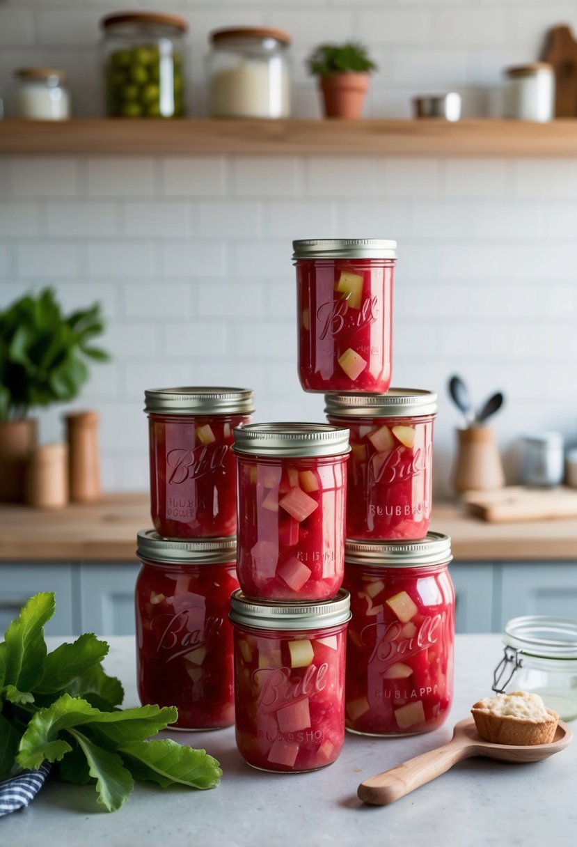 A kitchen counter with jars of rhubarb pie filling and canning supplies