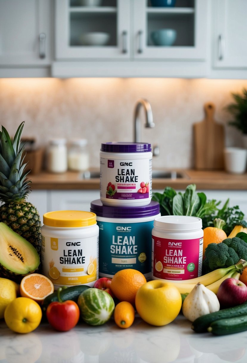 A colorful array of fresh fruits, vegetables, and protein powders arranged on a kitchen counter for making GNC Lean Shake recipes