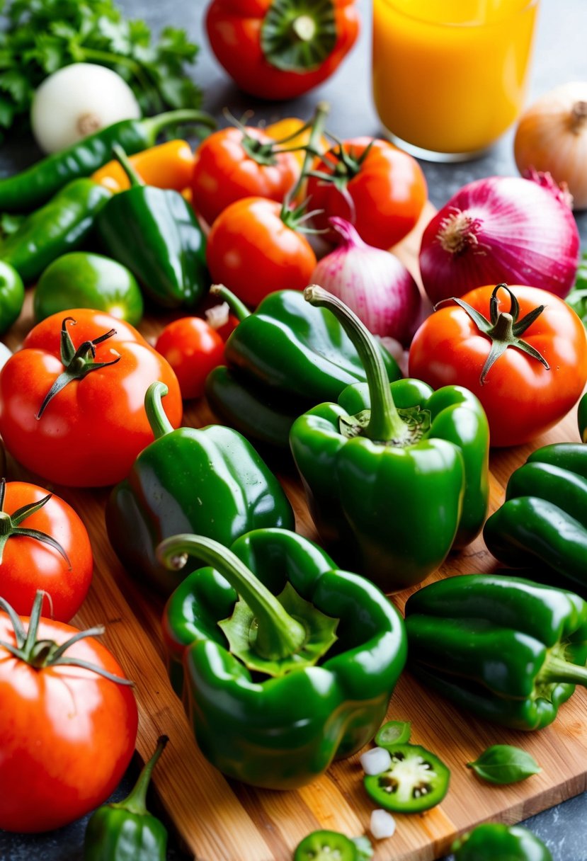 A colorful array of fresh poblano peppers, tomatoes, onions, and other vibrant vegetables arranged on a cutting board