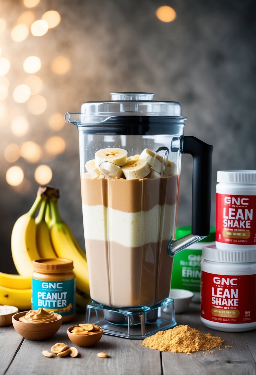 A blender filled with bananas, peanut butter, and GNC Lean Shake powder. Ingredients scattered around