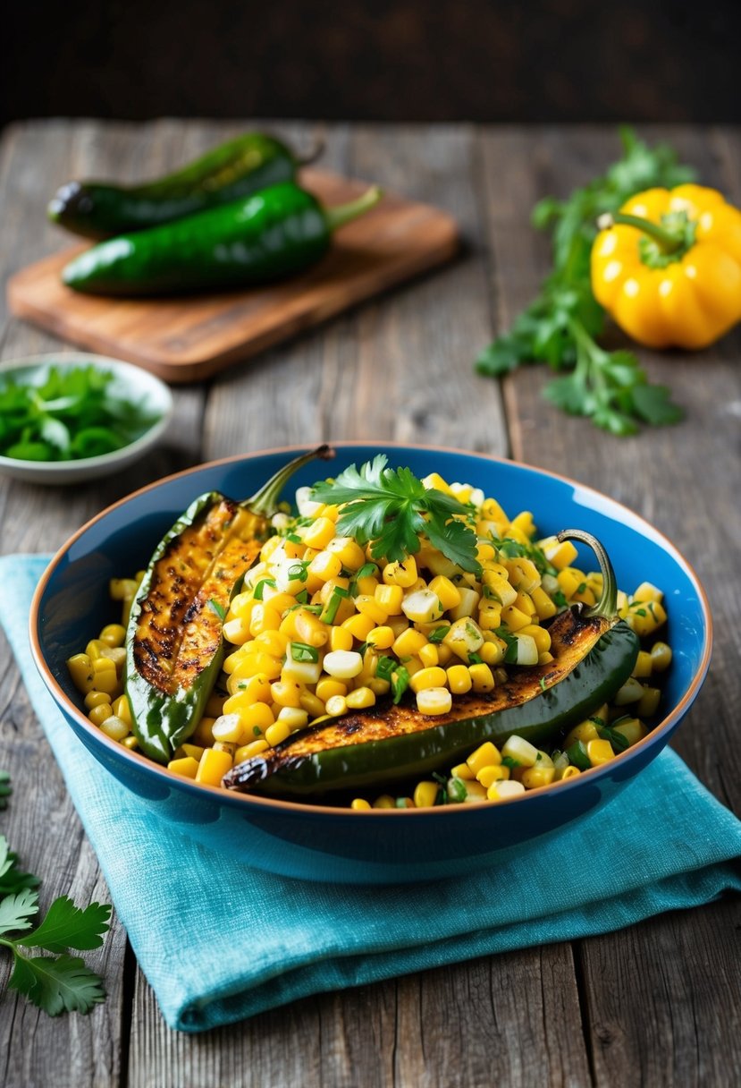 A colorful bowl of grilled poblano and corn salad, with vibrant vegetables and fresh herbs, sits on a rustic wooden table