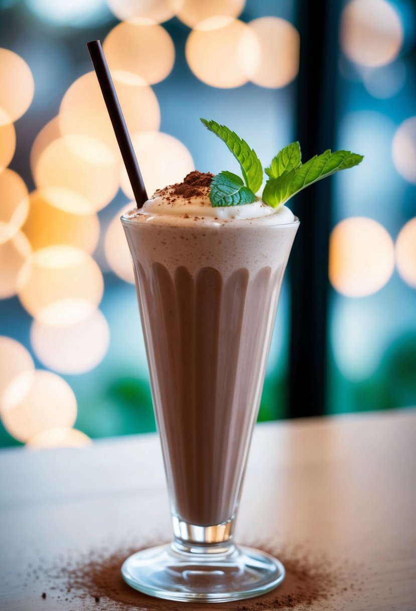 A tall glass filled with a creamy chocolate mint shake, garnished with fresh mint leaves and a sprinkle of cocoa powder