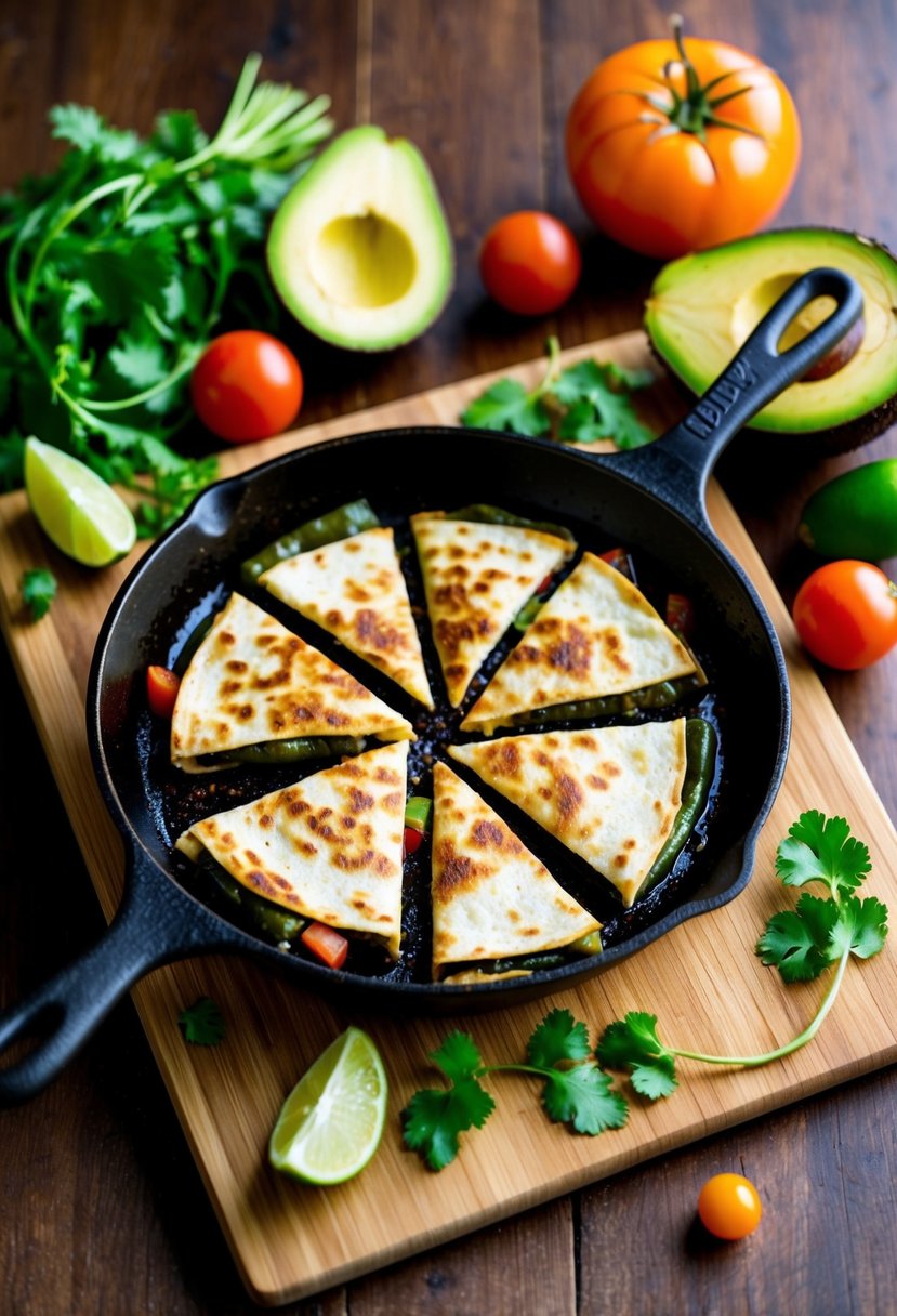 A sizzling skillet with sizzling poblano pepper quesadillas on a wooden cutting board surrounded by fresh ingredients like avocado, tomatoes, and cilantro