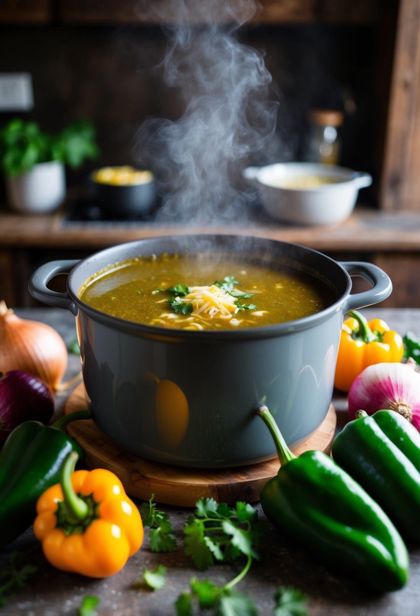 A steaming pot of Roasted Poblano Soup surrounded by fresh poblano peppers, onions, and other ingredients on a rustic kitchen counter