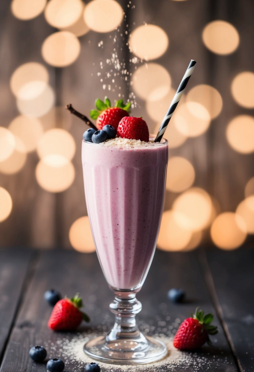 A tall glass filled with a creamy pink smoothie, topped with fresh berries and a sprinkle of vanilla powder