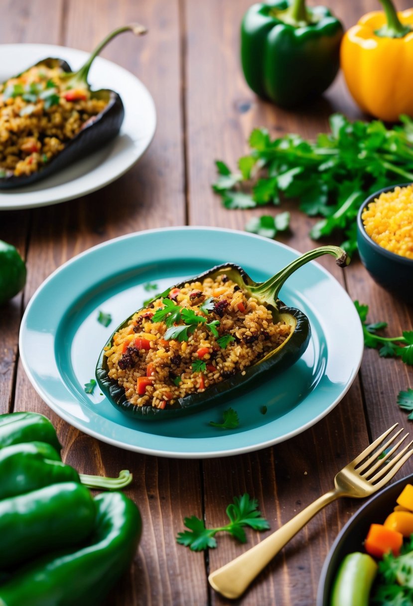 A wooden table with a plate of stuffed poblano peppers filled with quinoa, surrounded by colorful vegetables and herbs