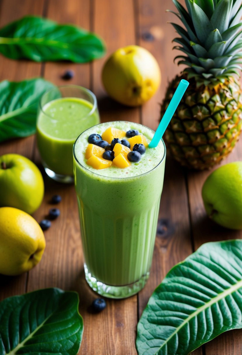 A tropical green shake surrounded by fresh fruits and leafy greens on a wooden table