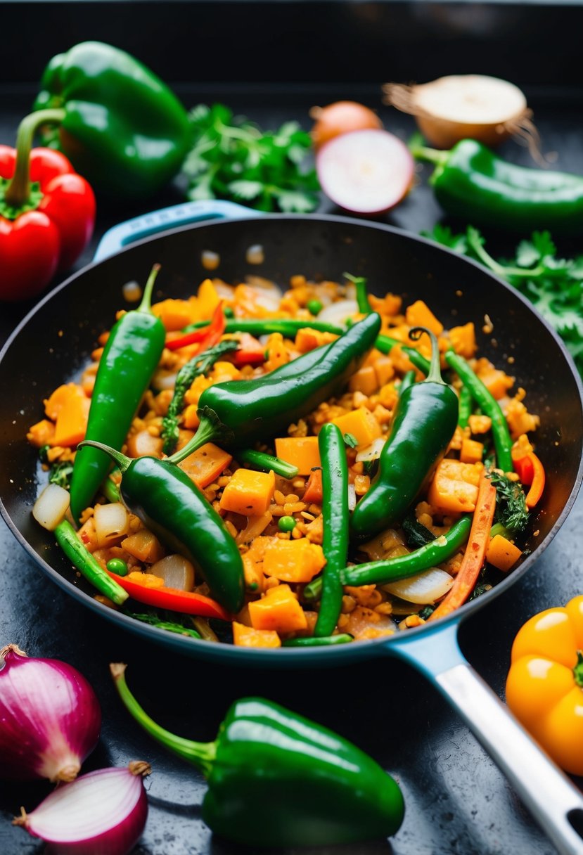 A sizzling skillet of colorful stir-fried vegetables, featuring vibrant poblano peppers, onions, and other fresh ingredients