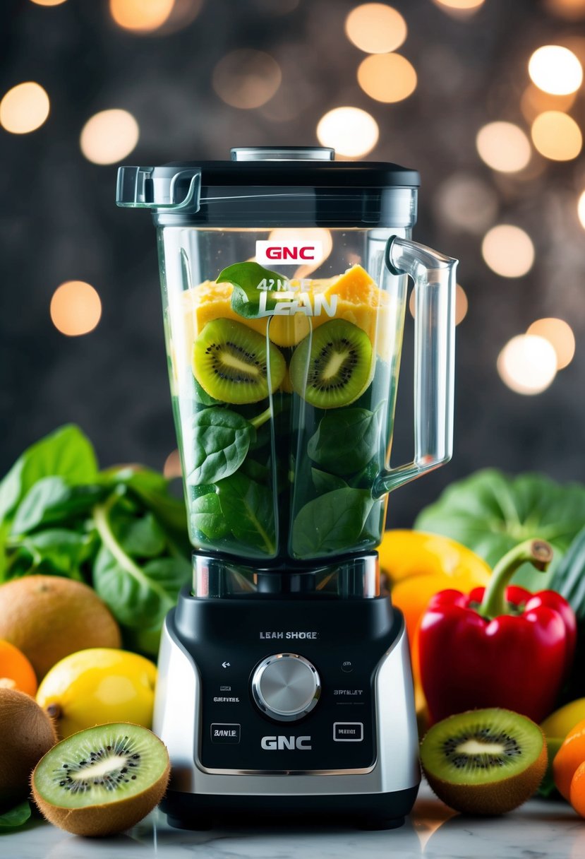 A blender filled with fresh spinach, kiwi, and GNC Lean Shake powder, surrounded by colorful fruits and vegetables