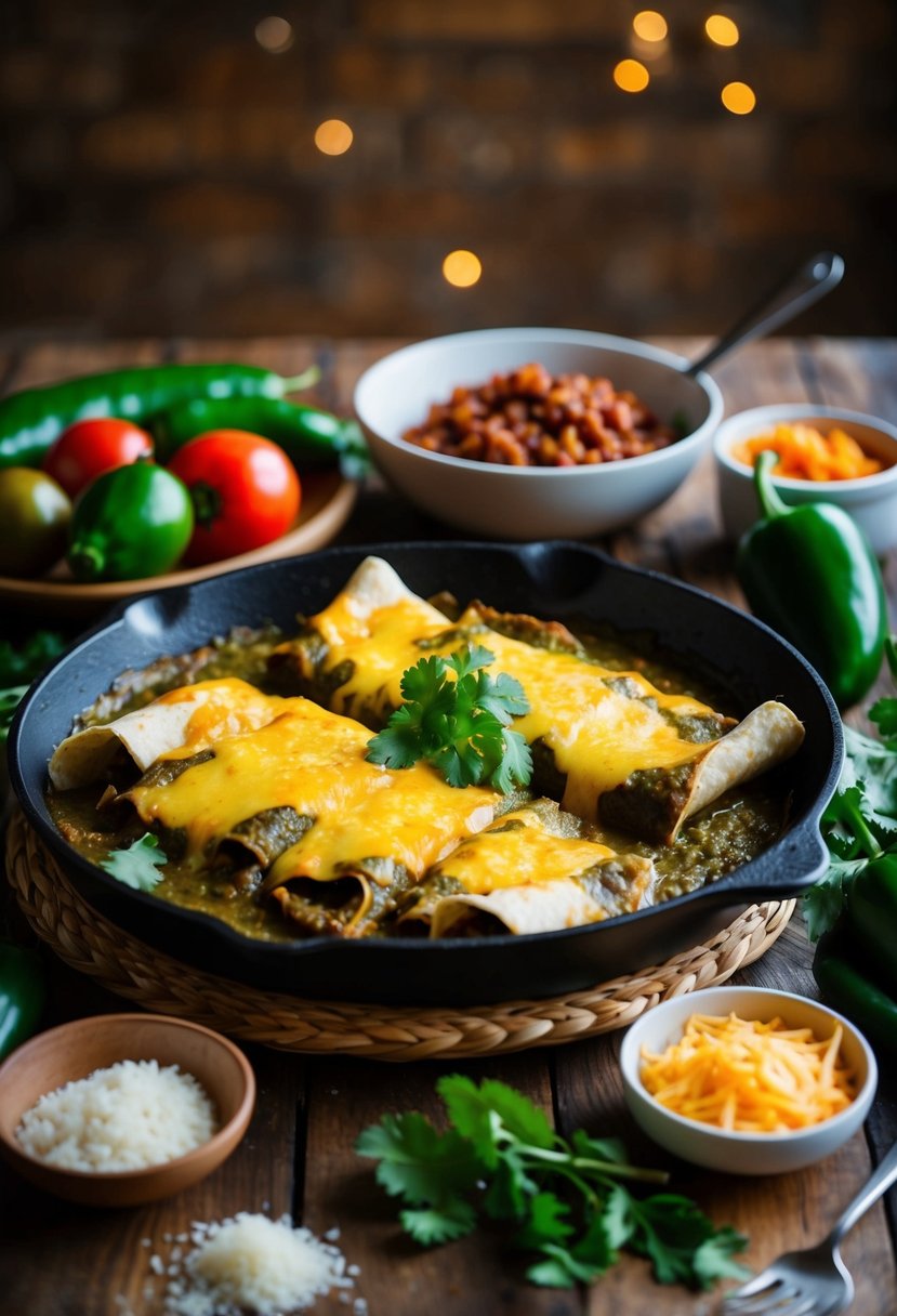 A table set with cheesy poblano enchiladas, surrounded by fresh ingredients and cooking utensils