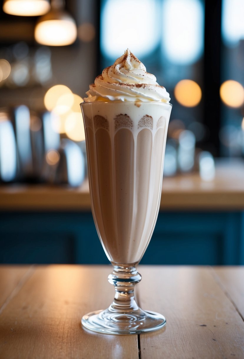 A tall glass filled with creamy café mocha shake, topped with whipped cream and a sprinkle of cocoa powder