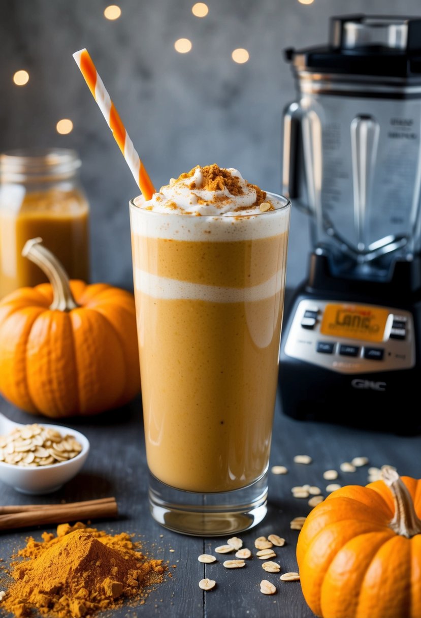 A glass filled with Pumpkin Spice Crunch GNC Lean Shake surrounded by scattered ingredients like pumpkin spice, oats, and a blender