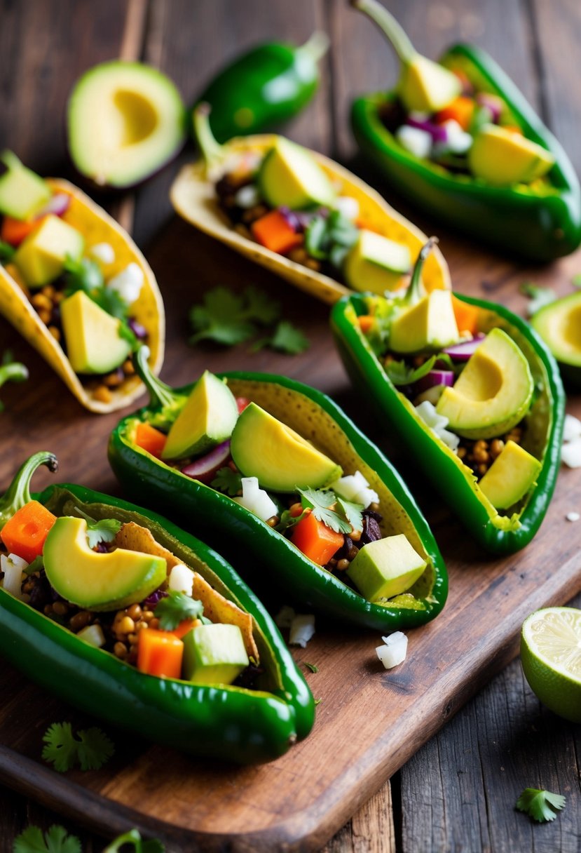 A colorful array of poblano pepper tacos filled with avocado and other vegetarian ingredients, arranged on a rustic wooden table