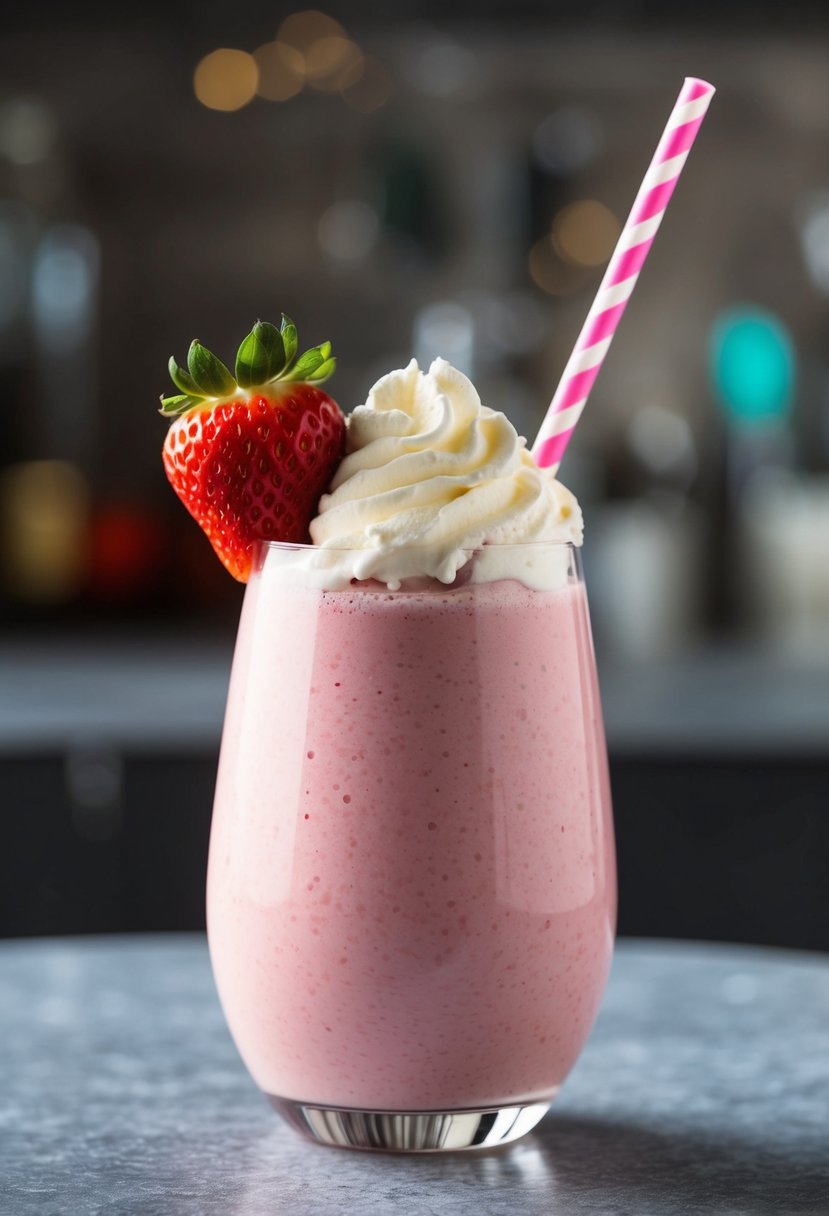 A glass filled with a creamy pink smoothie, topped with a fresh strawberry and a dollop of whipped cream