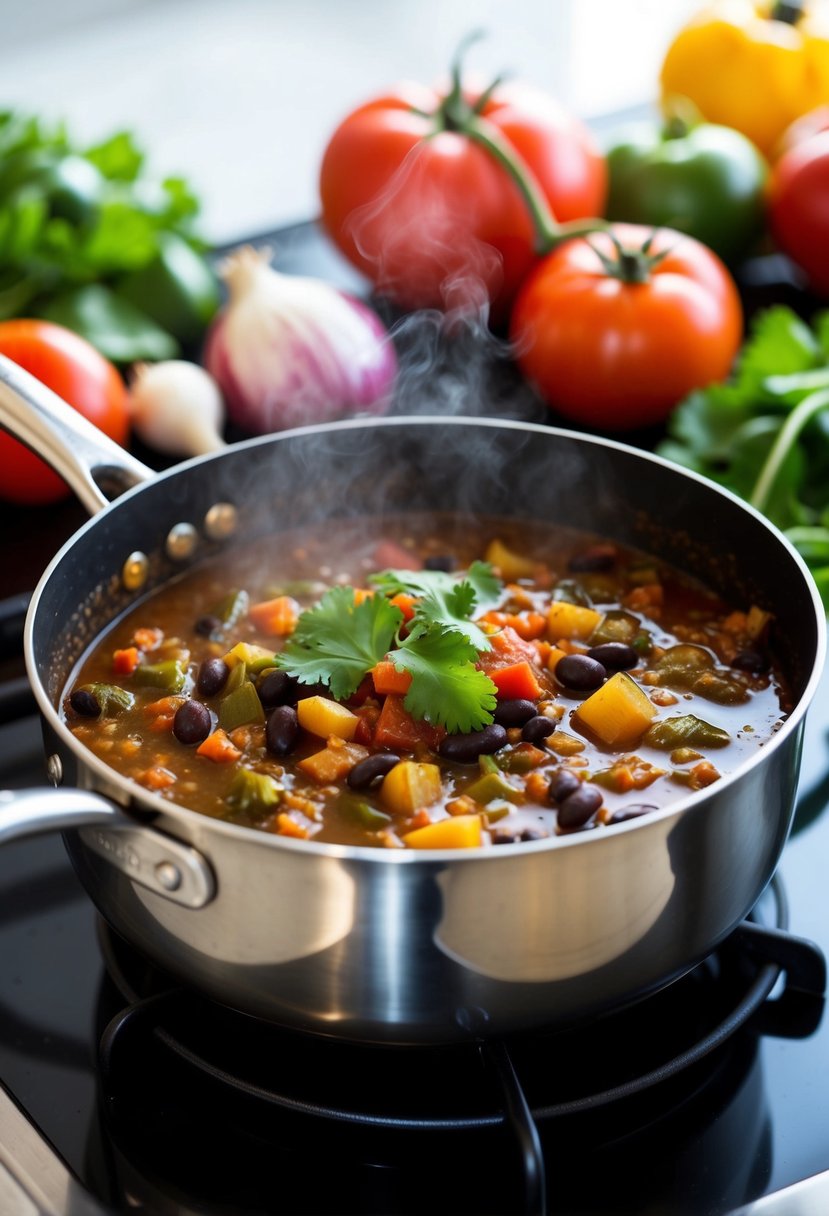 A steaming pot of poblano and black bean chili simmers on a stovetop, surrounded by fresh ingredients like tomatoes, onions, and cilantro