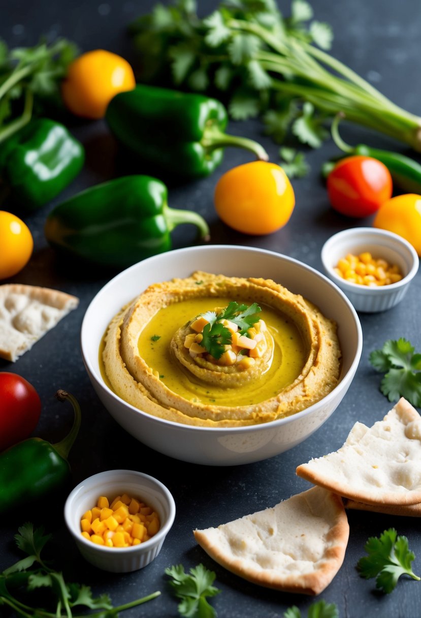 A bowl of poblano pepper hummus surrounded by fresh vegetables and pita bread