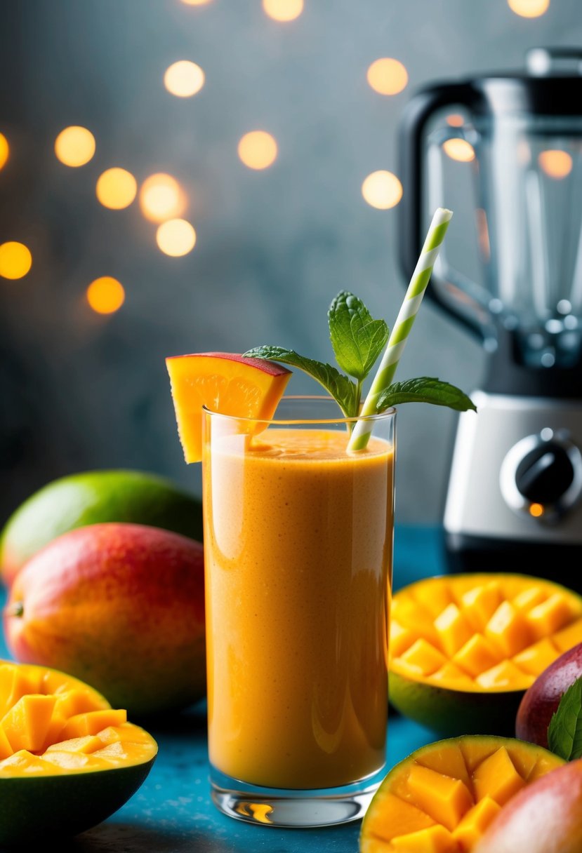 A tall glass filled with a vibrant orange smoothie, topped with a slice of mango and a sprig of mint, surrounded by fresh mangoes and a blender