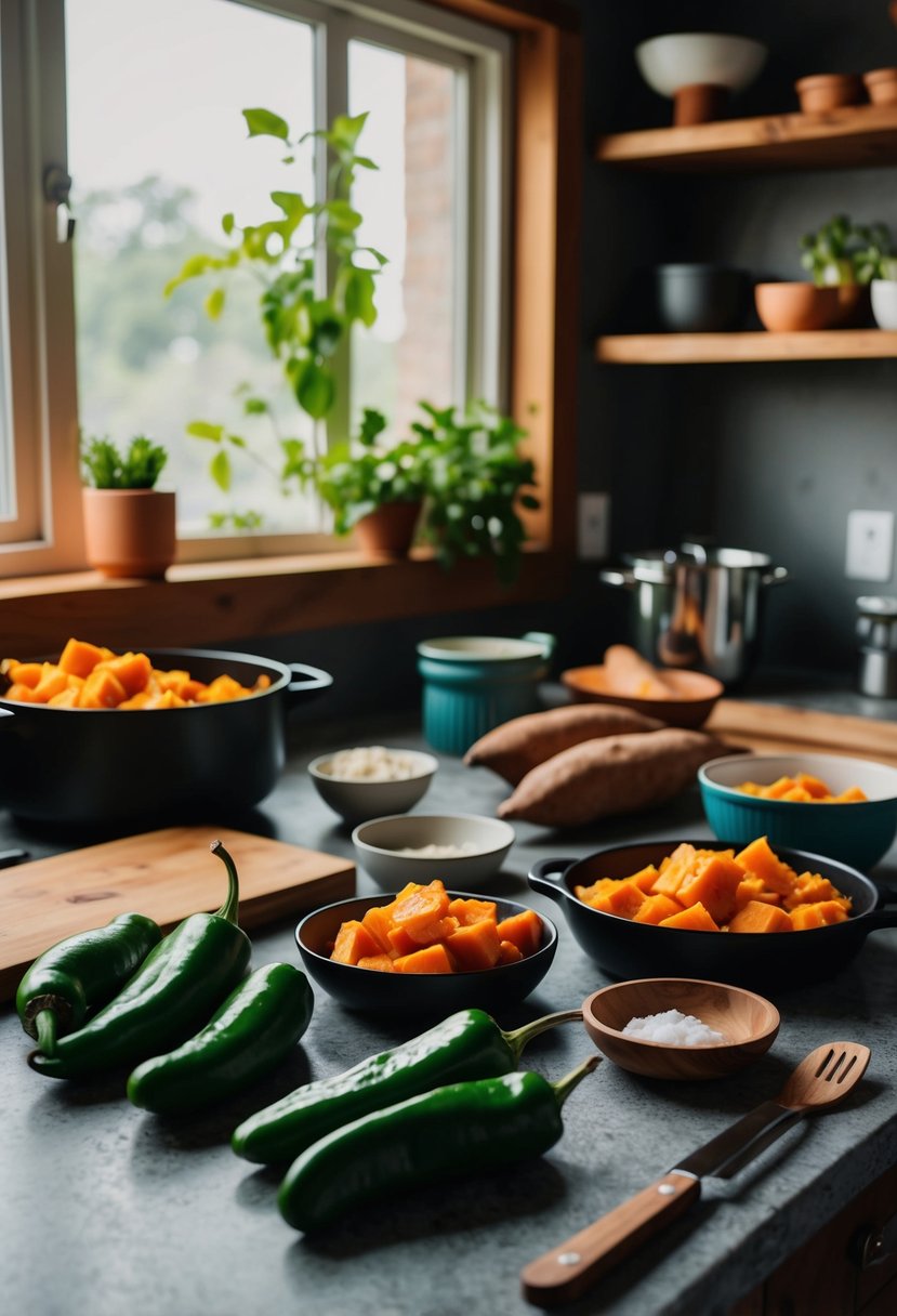 A rustic kitchen counter with fresh poblano peppers, sweet potatoes, and various cooking utensils laid out for making poblano and sweet potato casserole