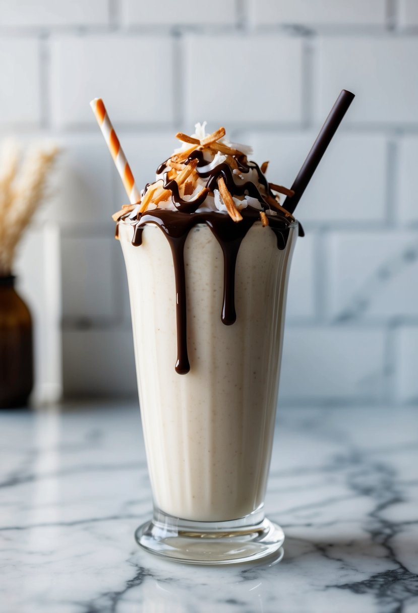 A glass filled with a creamy almond joy shake, topped with shredded coconut and chocolate syrup, sitting on a marble countertop