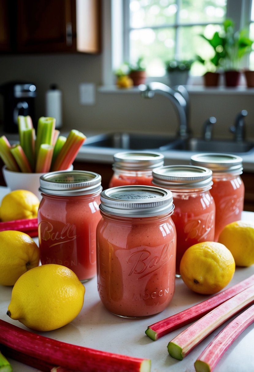 A kitchen counter with jars of homemade rhubarb lemon pie filling, surrounded by fresh rhubarb and lemons