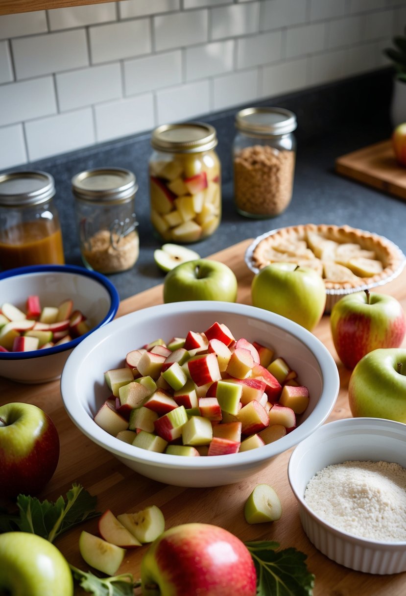 A kitchen counter with a bowl of chopped rhubarb and apples, surrounded by canning jars and pie ingredients