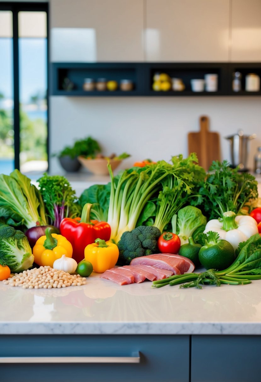 A colorful array of fresh vegetables, lean meats, and legumes arranged on a clean, modern kitchen countertop