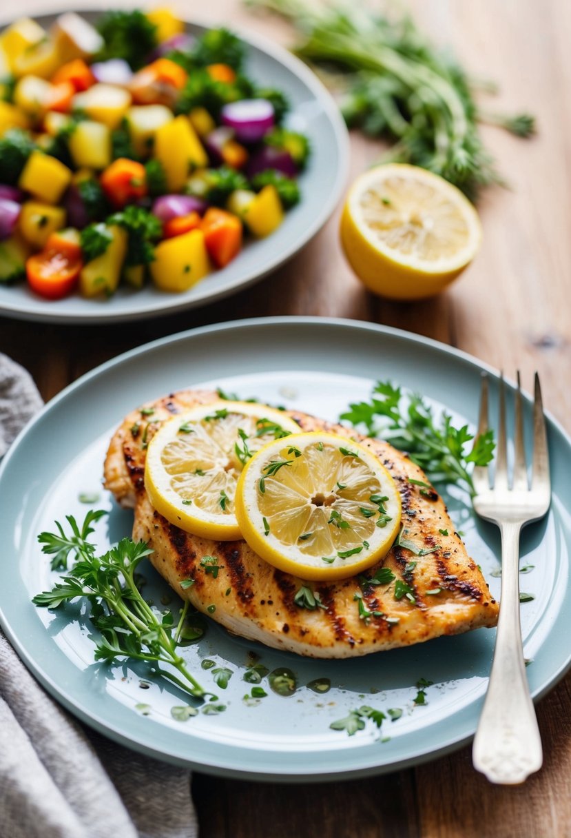 A sizzling grilled chicken breast with lemon slices and fresh herbs on a plate, accompanied by a side of colorful mixed vegetables