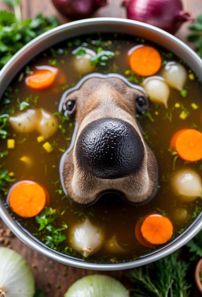 A moose nose floating in a gelatinous broth, surrounded by ingredients like onions, herbs, and spices