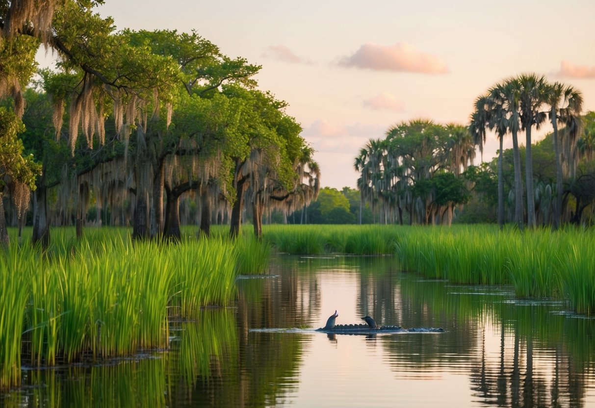 Lush green sawgrass and cypress trees surround the tranquil waters of the Everglades, with colorful bird species and alligators visible in their natural habitat