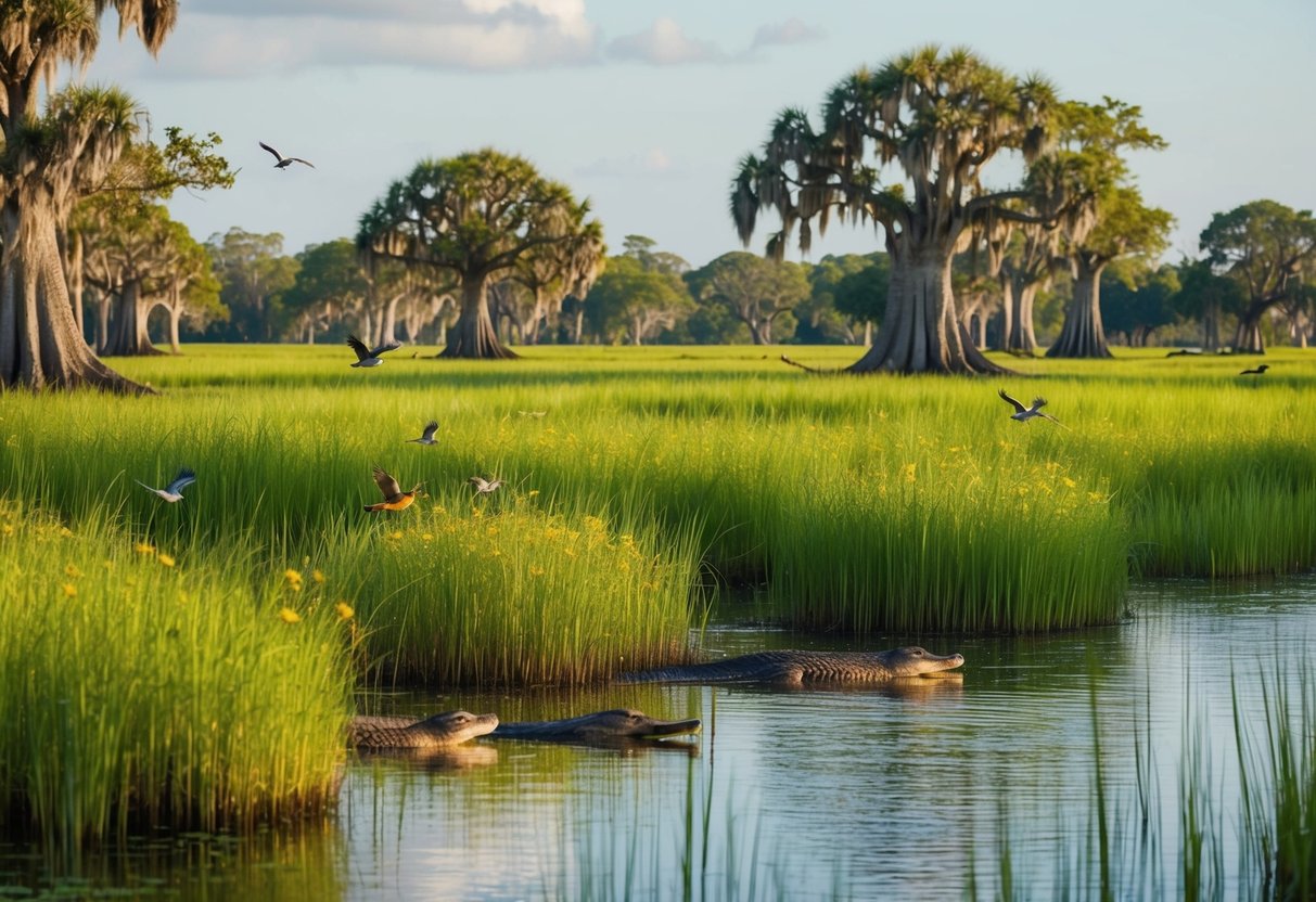 Lush green sawgrass stretches across the wetlands, teeming with vibrant wildflowers and towering cypress trees. Colorful birds flit among the reeds, while alligators bask in the sun along the water's edge